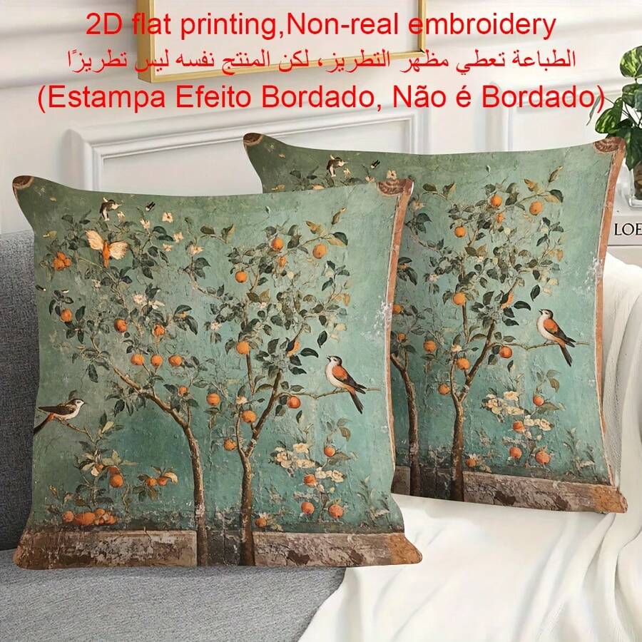 2pcs Vintage Garden Bird, Pine Tree, Papaya & Apple Tree Pattern Cushion Covers, Soft Polyester Pillow Shams, 45x45cm, 2D Printing, Zippered, Machine Washable, For Home Decor, Living Room, Bedroom, Patio, Office, Car - Multicolor - View 1