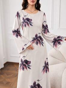 OENY | Arabic Long Dress, Elegant Style With Oversized Floral Print, Round Neck And Long Sleeve Design, Back Waist Tie - Baby Pink - View 4