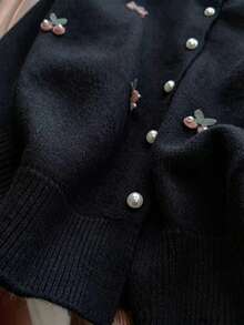 Sweet Embroidered Cherry Pearl Sweater Cardigan Women Autumn Winter Design Versatile Knitwear - Black - View 5