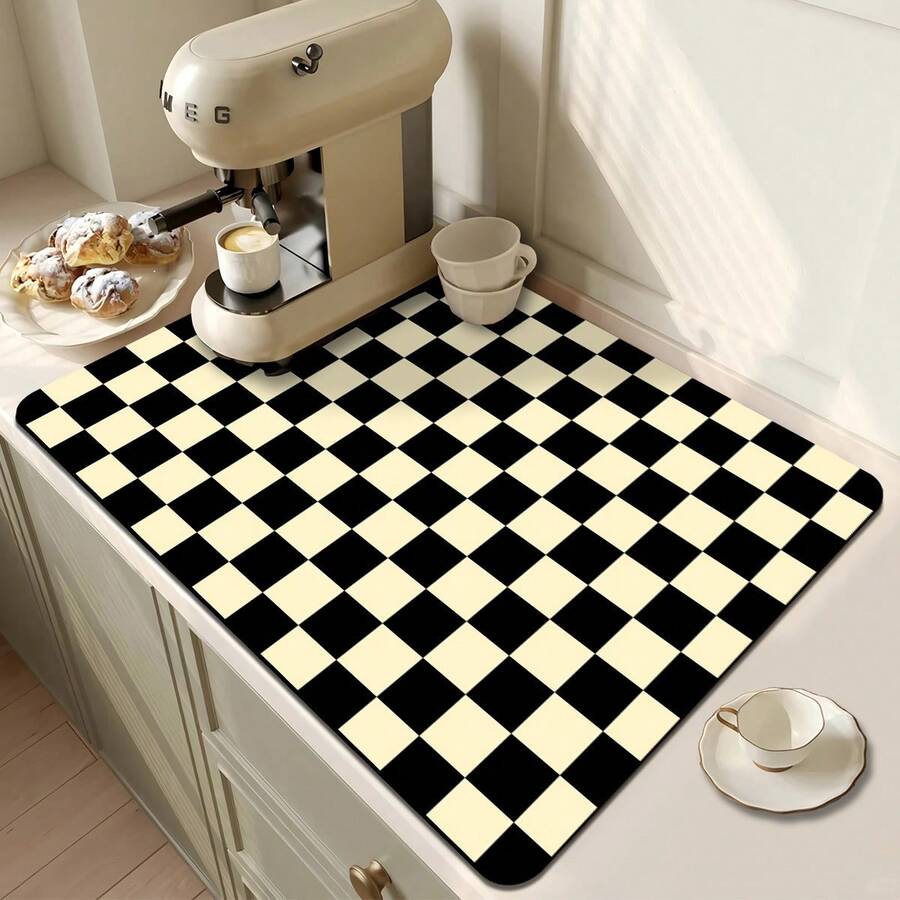 1pc Plaid Print Oversized Dish Drying Mat, Bar Countertop Waterproof Mat, Drying Mat, Drainage Mat, Coffee Machine Mat, Washing Machine Top Protector Mat, Stove Top Mat, Dining Table Mat, Mouse Pad, Coffee Cup | Tableware Drying, Absorbent Quick-Drying, Washable And Reusable, Suitable For Kitchen | Cafe, Tea Cup, Coffee Cup, Coffee Machine Accessories, Home Decor For Coffee Lovers, Rental Home Improvement, Perfect As Housewarming Gift, Christmas Gift, Pet Feeding Mat, Washing Machine Protector Mat, Door Mat, Table Mat