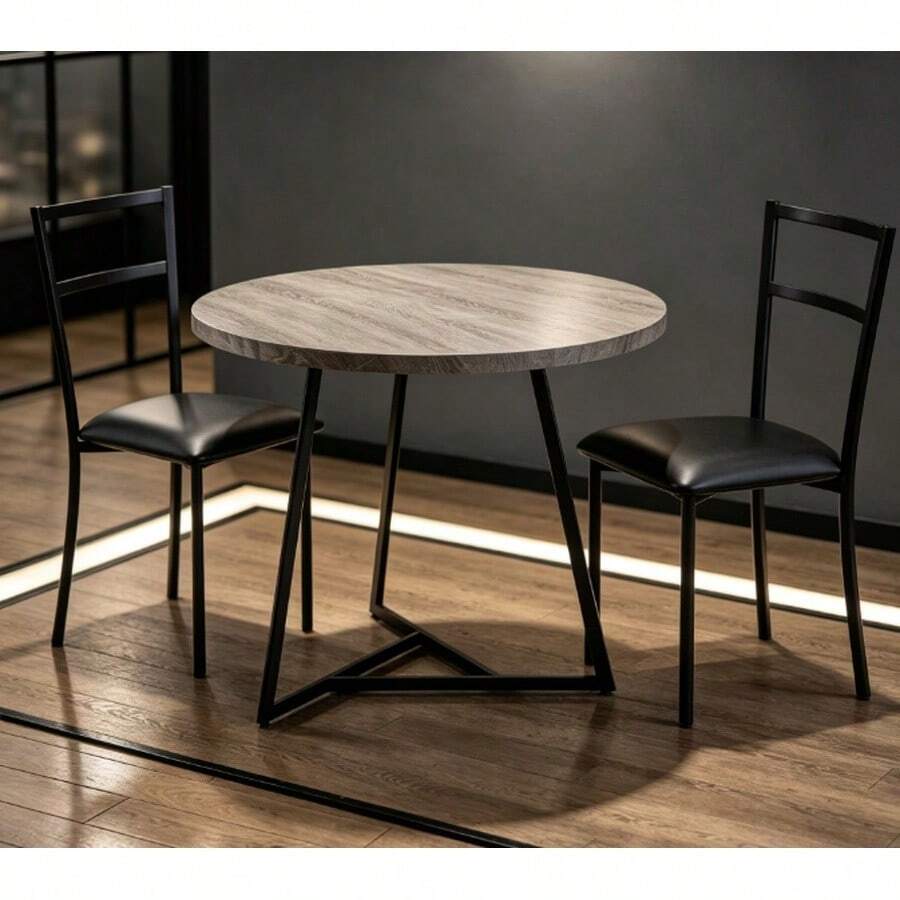 Juego de Comedor Industrial Redondo de 3 Piezas, Mesa para Cocina con 2 Sillas Tapizadas, Armazón Metálico Reforzado, Diseño Compacto para Apartamentos y Casas Pequeñas - Negro - Ver 1