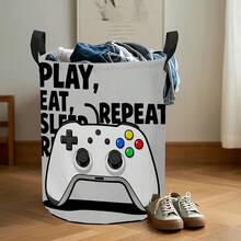 Game Controller Patterned Round Laundry Basket, Light Gray Storage Basket With Black Handles, Foldable Dirty Clothes And Toy Storage Bin, Suitable For Boys' Game Rooms, Bedrooms, And Home Storage - Grey Game Console - View 3