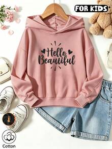 هودي للبنات بطبعة حروف Hello Beautiful وقلب، سويت شيرت كاجوال بأكمام طويلة وغطاء رأس بتصميم بول أوفر - وردي لحمي - مشاهدة 8