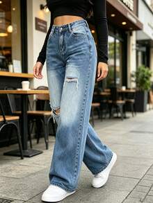 Pantalones vaqueros Desgastados De Cintura Media Y Pernera Recta Con Diseño Lavado, Jeans holgados con rotos y lavados para mujer, Jeans rectos, sueltos, versátiles y informales - Azul vaquero lavado - Ver 4