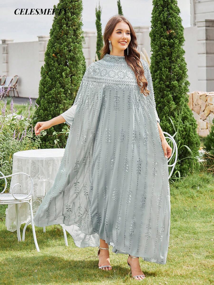 Elegant Chiffon Arabic Abaya, Embellished With Gold Bead Embroidery, Batwing Sleeve Design, Stand Collar, Non-Stretch Fall