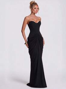 Women's Strapless Heart Neckline Ruched Cowl Neck Ribbon Long Party Dress - Black - View 5