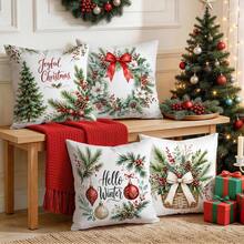 4pcs/1pc Christmas Wreath & Bow Pattern Pillow Covers, Single-Sided Printed Pillow Covers, Suitable For Living Room, Bedroom, Home Decor, All-Season Pillow Covers - Multicolor - View 6