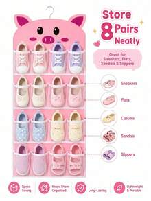 1pc Cute Tanuki‑Patterned Cat/Pig Shoe Storage Hanging Bag, 16‑Compartment Hanging Shoe Rack, Adorable Cartoon Shoe Box, Dustproof Foldable Shoe Bag, Multi‑Pocket Shoe Rack,For Home Organization, Girls' Room Decor, And Bedroom Storage. - Multicolor - View 9