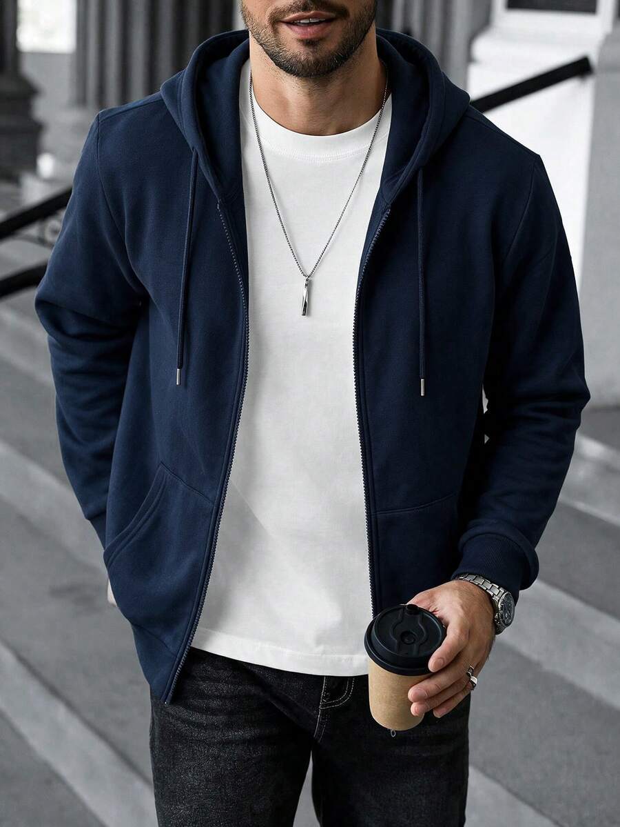 Men's Full Zip Hooded Long Sleeve Sweatshirt, Fashion Commute Versatile Casual Top - Navy Blue - View 1