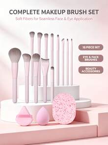 16PCS Pink Makeup Brush Set, Full Set Of Face And Eye Makeup Tools Including Makeup Sponge, Triangle Powder Puff, Cleansing Sponge, Soft Bristle Blush Brush, Eyeshadow Brush, Foundation Brush, Professional Makeup Brush Set - Pink - View 2