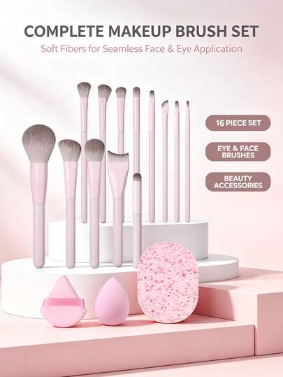 16PCS Pink Makeup Brush Set, Full Set Of Face And Eye Makeup Tools Including Makeup Sponge, Triangle Powder Puff, Cleansing Sponge, Soft Bristle Blush Brush, Eyeshadow Brush, Foundation Brush, Professional Makeup Brush Set