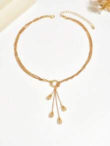 1pc Personalized Hip-Hop Creative Metal Glossy Water Drop Pendant Hollow Round Ring Y-Shaped Necklace Suitable For Women's Daily, Vacation, Party Wear - Gold - View 5