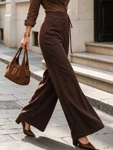 Fall Coffee High Waist Drawstring Wide Leg Pants For Women, Draped Loose Straight Casual Trousers, Vintage Elegant Office Long Pants With Pockets - Brown - View 6