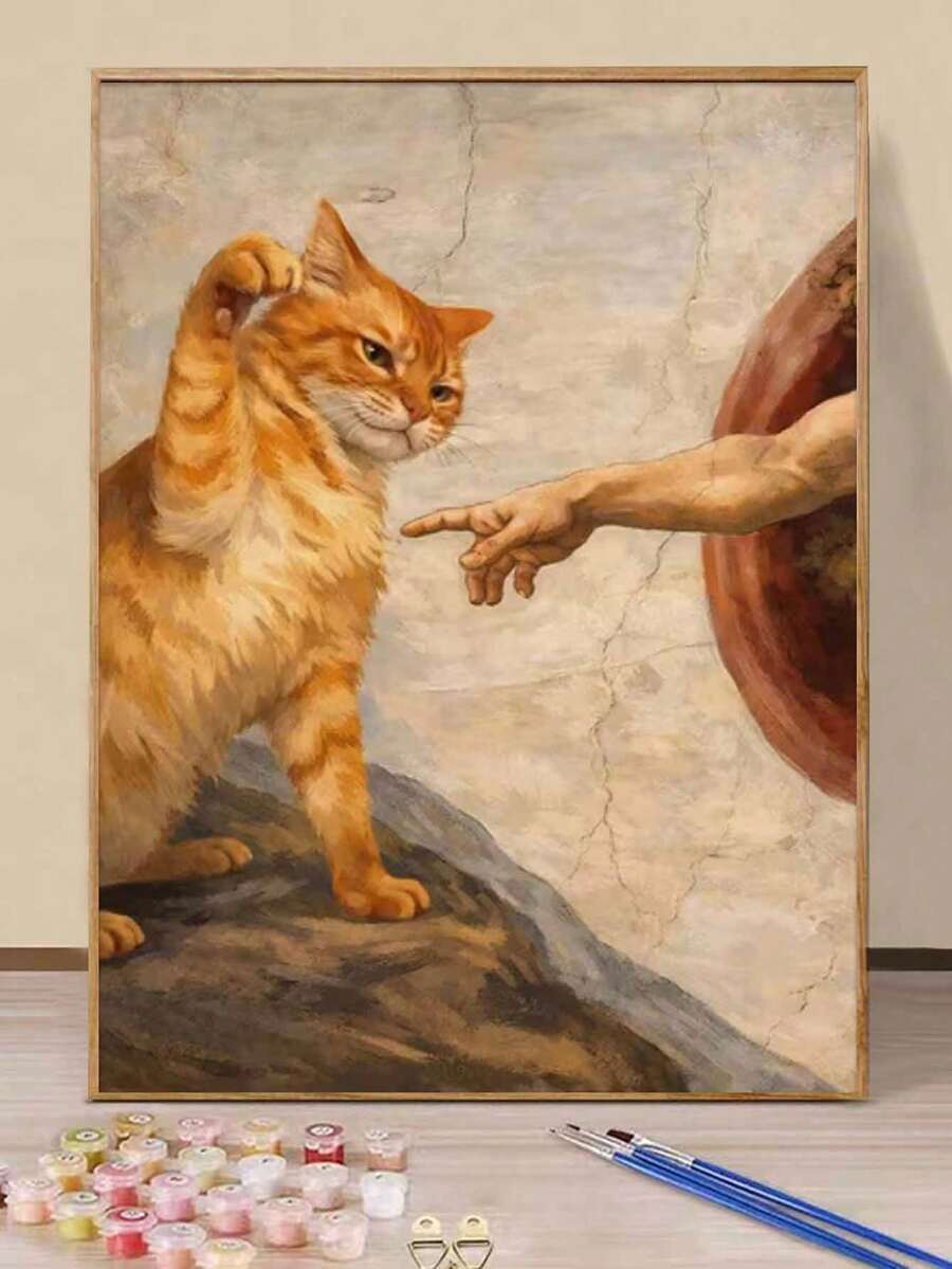 1 Digital Oil Painting Set, DIY Oil Painting Set, Naughty Kitten Oil Painting Set, DIY Adult Hand-Painted For Gift Home Wall Decoration. - A - View 1