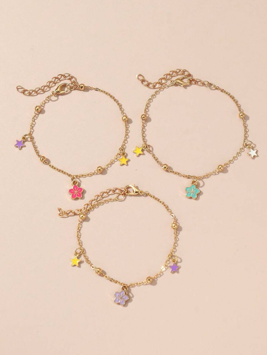 3pcs/Set Girls Sweet Drip Oil Flower & Star Pendant Bracelet, Gold Fine Chain, Adjustable, Niche Style Jewelry - Multicolor - View 1