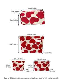 1PC/4PCSRed Heart Print Cosmetic Bag, Zipper Makeup Pouch Set, Cute Heart Pattern Storage Purse, Portable Travel Toiletry Bag For Lipstick, Skincare, Small Essentials, Multi-Size Canvas Organizer, Lovely Daily Storage Pouch For Women - Multicolor - View 6