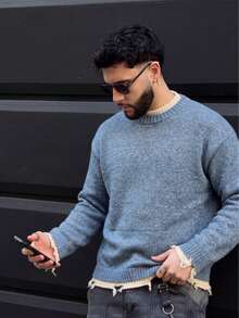 BLACKTOEXIT Men's Crew Neck Loose Korean Style Lazy 2 In 1 Distressed Knit Sweater, Autumn/Winter - Blue - View 8