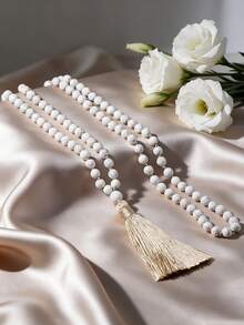 YAUKIA 6mm Tassel Long Necklace, Boho White Howlite 108 Beads Necklace, Mala Beaded Necklace, Meditation, Yoga, Prayer Jewelry Gifts For Women Men - White Pine - View 9
