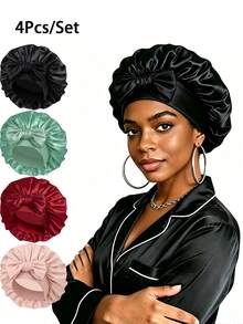 4pcs/Set Women's Satin Tie-Up Sleep Cap, Adjustable Bow Hair Bonnet, Long Hair Nighttime Hair Care Cap - Multicolor (4pcs) - View 22