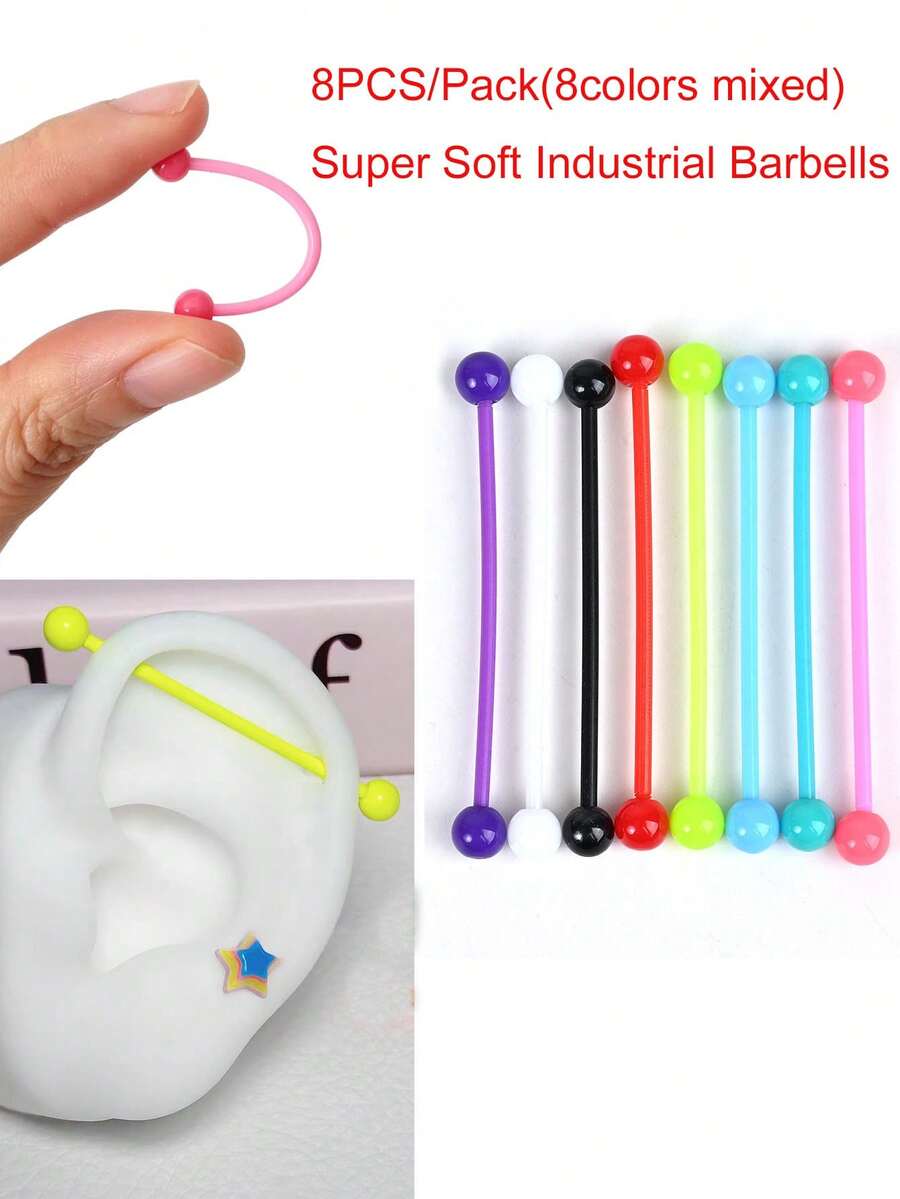 8PCS/Pack Anting Tindik Industri Silikon Lembut Bentuk Barbel untuk Tindik Telinga, Penyangga Anting Industri 14G, Anti Alergi untuk Masa Penyembuhan Tindik - Paket 8 buah - View 1