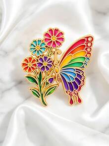 Rainbow Butterfly Flower Brooch, Colorful Floral Insect Decoration, Versatile Accessory For Suit, Coat, Bag, Holiday Gift Decorative Badge - Multicolor - View 3