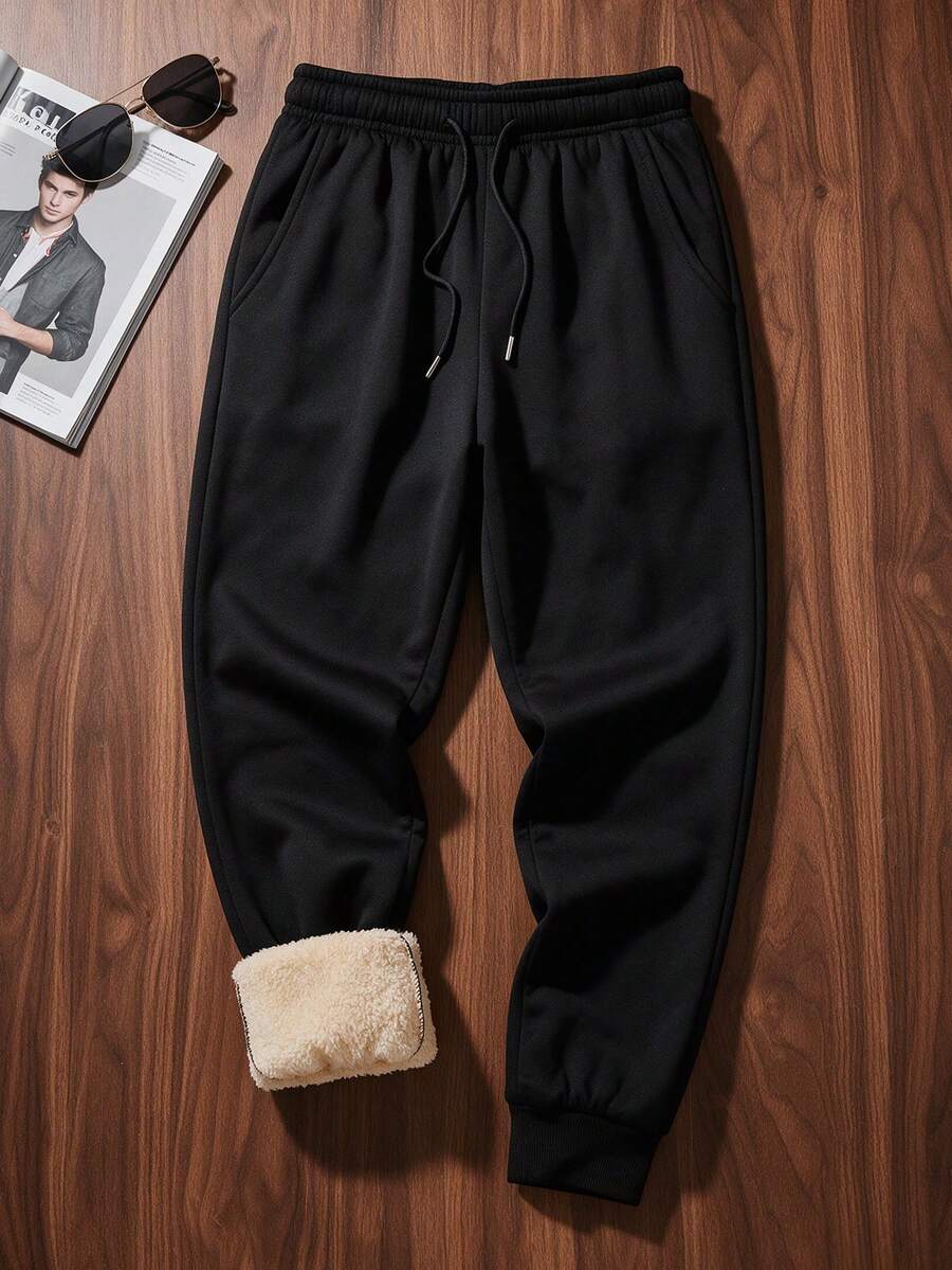 Men's Autumn/Winter New Thermal Lined Thickened Minimalist Solid Color Casual Versatile Daily Home Wear Jogger Sweatpants - Black - View 1