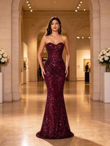 Autumn/Winter Elegant Luxury Full Sequin Mermaid Long Evening Dress, Waist-Cinching Boning Pleated Elastic Fabric, Strapless Heart-Shaped Neckline, Suitable For Parties, Balls And Nightclubs - Burgundy - View 1