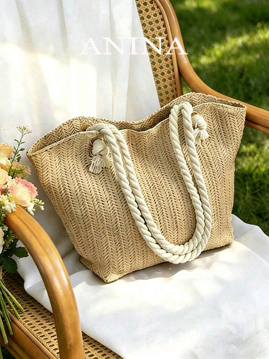 Summer Beach Vacation Stylish Large Capacity Straw Tote Bag, Fashionable Casual Shoulder Bag ,Holiday