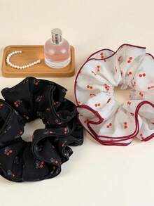 1pc New Korean Style Cherry Print Scrunchie Hair Tie For Women, High-End Hair Accessory For Bun And Low Ponytail - Multicolor - View 3