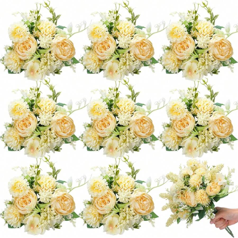 1pc Artificial Peony Ball Chrysanthemum Bouquet, Realistic Texture, Suitable For DIY Vase Floral Arrangement, Indoor/Outdoor Decoration, Home Decor, Wedding Decor, Table Decor, Autumn Decor - Yellow - View 1