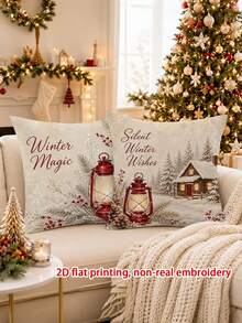 4 Stück, 2D flacher Muster Vintage Weihnachts Kissenbezüge Winter Landhaus Feiertags Dekoration, keine echte Stickerei, Wohnzimmer Raum Dekoration Kissenbezug, Weihnachts- und Neujahrs Heimdekoration, ohne Kissenkern, einseitiger Muster, Geschenke - Rot-Weiß - Übersicht 7