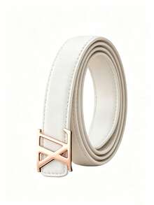 Women's PU Thin Belt, Geometric Cross Letter Design Metal Buckle Leather Belt, 43 Inch Versatile Decorative Waist Belt - Multicolor - View 10