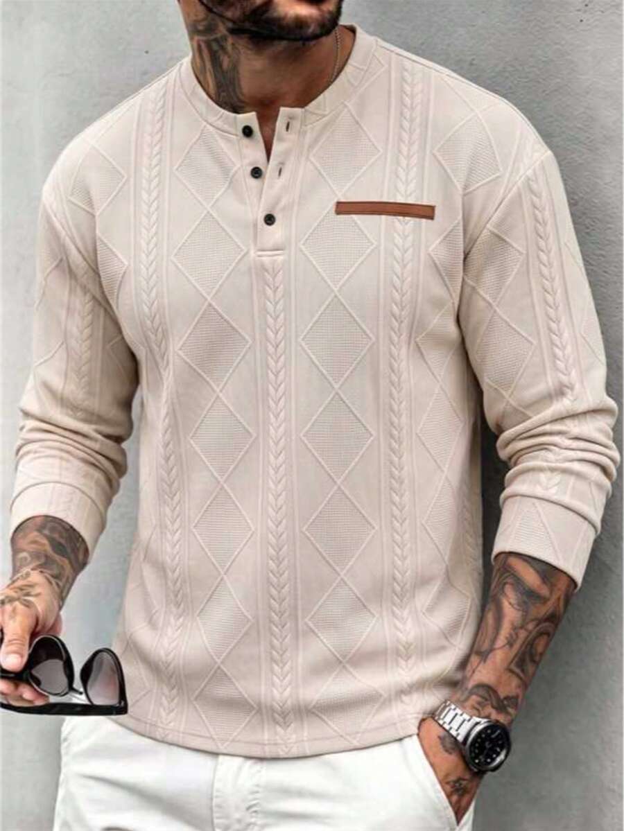 Men's Long Sleeve Polo Shirt Casual Versatile Textured Jacquard Long Sleeve T-Shirt - Apricot - View 1