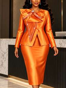 Elegant Women's Orange Satin 2 Pieces Church Outfit, Bow & Rhinestone Trim Ruffle Jacket & Midi Skirt, Formal Sunday Worship Autumn Set - Orange - View 6