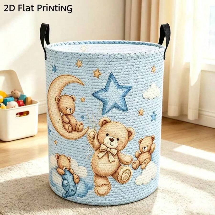 1pc Cute Teddy Bear Moon Star Cloud Print Laundry Basket, Foldable Round Storage Bin With Handle, Large Capacity Toy & Clothing Organizer, Children's Bedroom & Nursery Decor - Blue - View 1