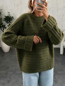 Sweater Lengan Panjang Kasual Minimalis Warna Polos Musim Gugur/Dingin - Hijau Tentara - View 4