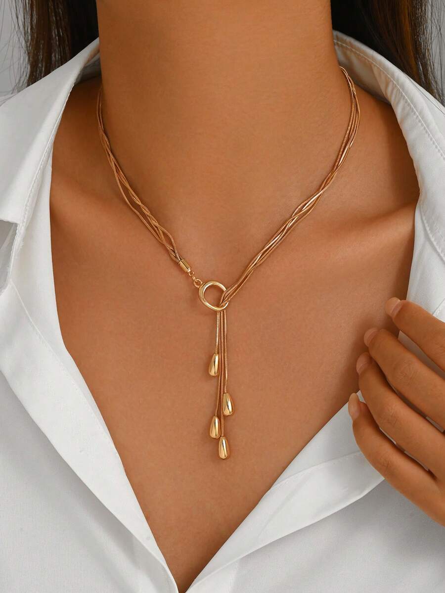 1pc Personalized Hip-Hop Creative Metal Glossy Water Drop Pendant Hollow Round Ring Y-Shaped Necklace Suitable For Women's Daily, Vacation, Party Wear - Gold - View 1