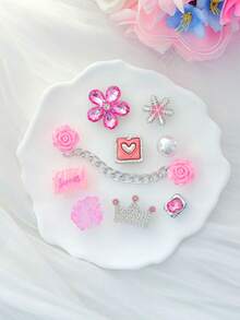 Pink Sweet Cool Style Rhinestone Clog Shoe Charms, Butterfly Crown Candy Rose Alloy Resin Shoe Flower Set, Compatible With Clogs - Pink - View 7