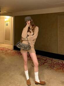 College Style Retro Lapel Argyle Knit Cardigan Women Fashion Set High Waist Bodycon Shorts - Khaki - View 5