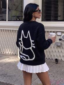 Women's Crew Neck Fashion Minimalist Cute Pattern Loose Sweater Autumn/Winter - Black - View 4