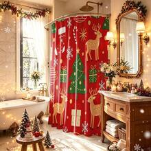 1pc Christmas Tree & Reindeer Shower Curtain, Vintage Design, Waterproof Bath Curtain, Suitable For Bathtub Partition, Bathroom Decor And Bathroom Accessories, Home Decor Gift, Includes 12 Hooks - Multicolor - View 2