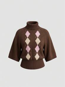 VINOVA Pull élégant en tricot de diamant pour femmes, mode automne, manches mi-longues, col montant, top sweat-shirt, fête, rentrée scolaire, Noël, sortie - Tabac - Voir 5
