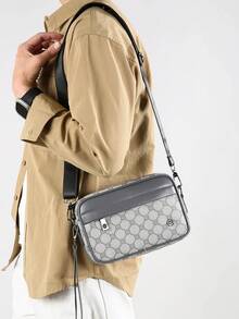 Men's Contrasting Color Patterned Horizontal Camera Bag With Multiple Compartments, Casual Travel Shoulder Crossbody Bag - Grey - View 1