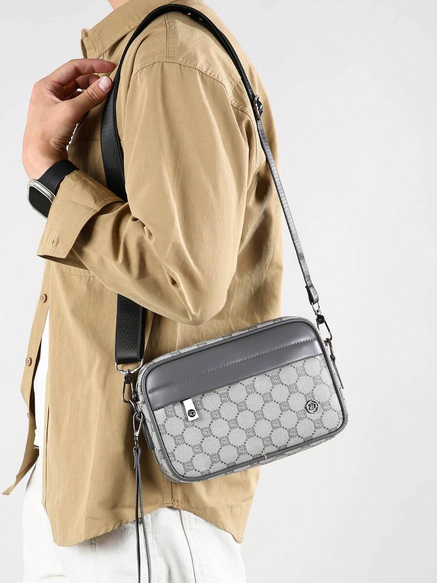 Men's Contrasting Color Patterned Horizontal Camera Bag With Multiple Compartments, Casual Travel Shoulder Crossbody Bag - Grey - View 1