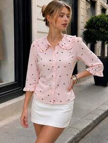 Blus Wanita Lengan 3/4 Motif Hati, Kerah Peter Pan dengan Manset Berkerut, Gaya Romantis Warna Pink untuk Liburan - Berwarna merah muda - View 1