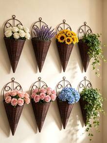 6pcs/4pcs Creative Simulation Fan Hanging Vase Flower Basket Triangle Wall Art Rattan Woven Wall Hanging Flower Device Indoor Decoration Hanging Basket Flower Pot Holder - Flower Basket - View 7