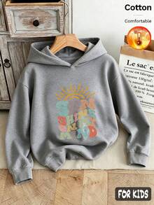 Autumn/Winter 3 Pieces Set Girls Hooded Fleece Sweatshirt, "MORE AMOR POR FAN", Coffee Color, Sun And Letter Pattern, Long Sleeve Cotton Y2K Style - Heather Gray+Heather Gray+Heather Gray - View 3
