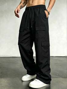 Men's Casual Street Style Cargo Pants - Loose Fit Wide Leg Trousers, Multi-Pocket Design, Drawstring Waist, Solid Color For Daily Wear, Elastic Waistband With Drawstring, Suitable For All Year Round - Black - View 1