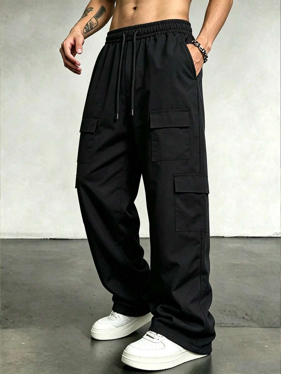 Men's Casual Street Style Cargo Pants - Loose Fit Wide Leg Trousers, Multi-Pocket Design, Drawstring Waist, Solid Color For Daily Wear, Elastic Waistband With Drawstring, Suitable For All Year Round - Black - View 1
