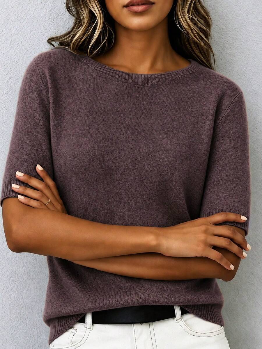 Women's Wool Blend Soft Knit Short Sleeve Top, Loose Fit, 15% Wool Content, Basic Round Neck Solid Color Half Sleeve Lightweight Knit Sweater, Quiet Luxury Minimalist Commuter Style, Suitable For Office And Business Wear